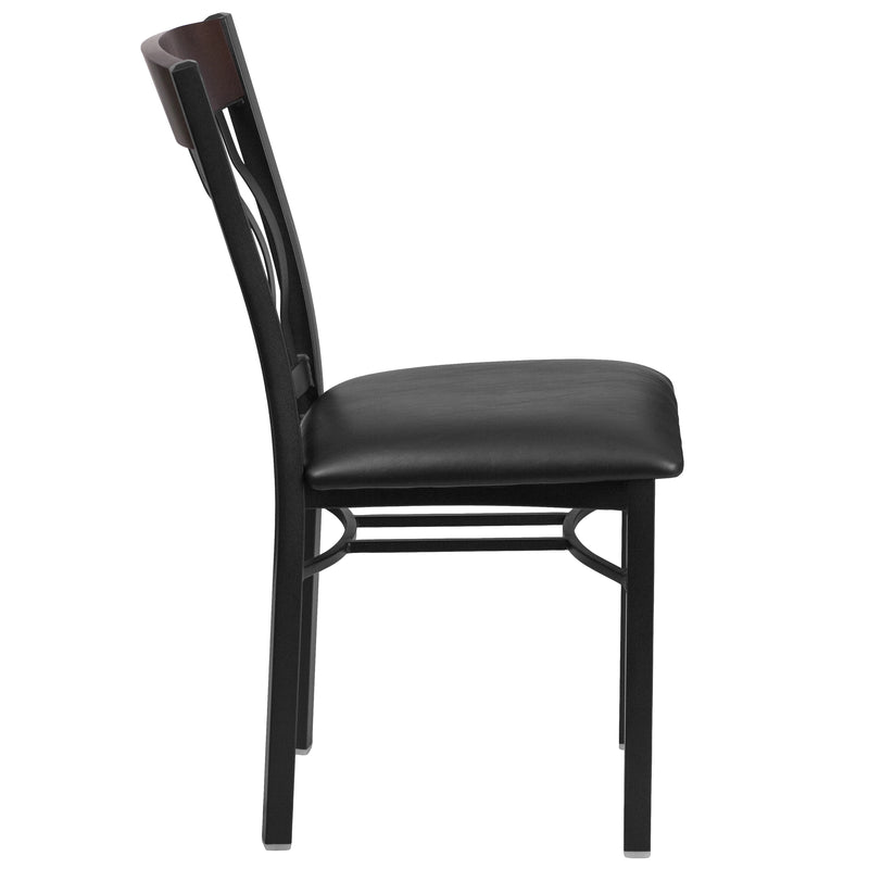 Eclipse Series Vertical Back Black Metal and Walnut Wood Restaurant Chair with Black Vinyl Seat