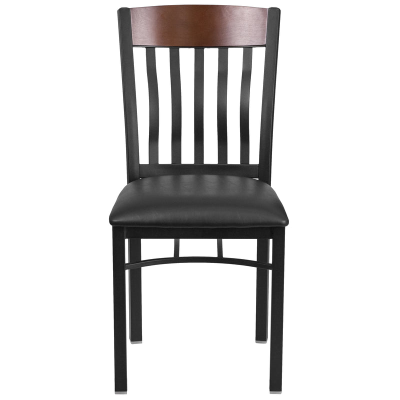 Eclipse Series Vertical Back Black Metal and Walnut Wood Restaurant Chair with Black Vinyl Seat