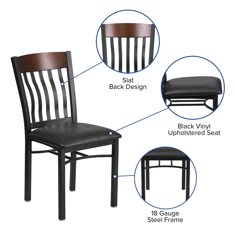 Eclipse Series Vertical Back Black Metal and Walnut Wood Restaurant Chair with Black Vinyl Seat