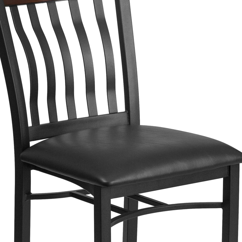 Eclipse Series Vertical Back Black Metal and Walnut Wood Restaurant Chair with Black Vinyl Seat