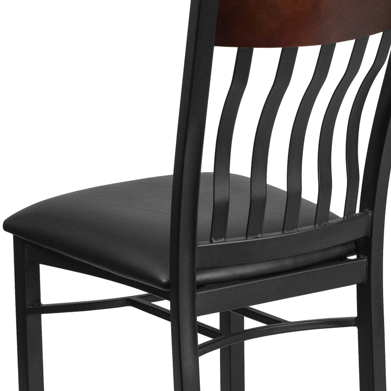 Eclipse Series Vertical Back Black Metal and Walnut Wood Restaurant Chair with Black Vinyl Seat