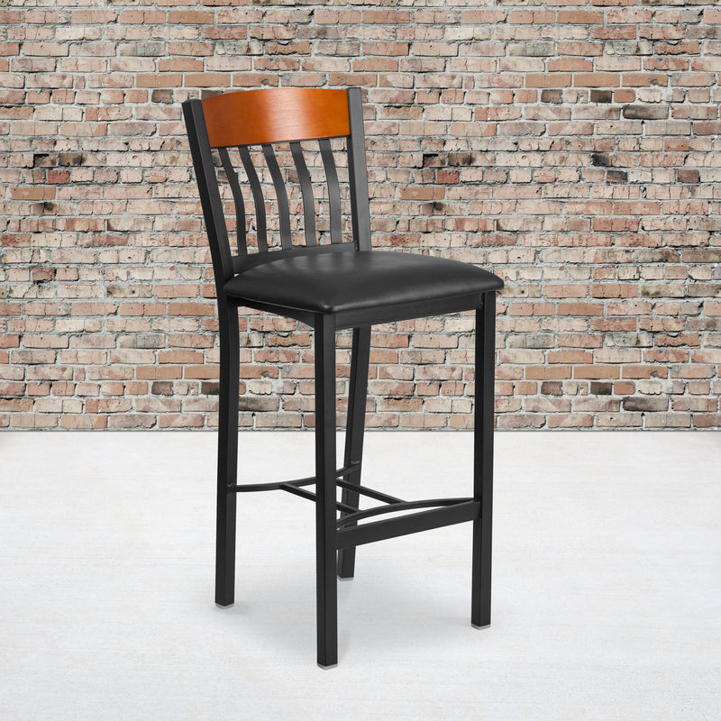 Eclipse Series Vertical Back Black Metal and Cherry Wood Restaurant Barstool with Black Vinyl Seat