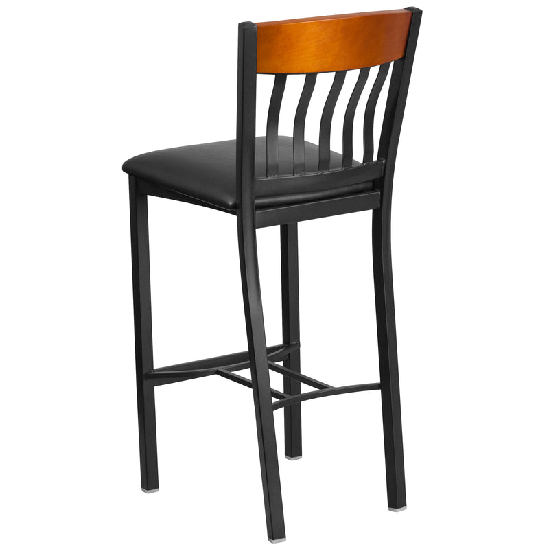 Eclipse Series Vertical Back Black Metal and Cherry Wood Restaurant Barstool with Black Vinyl Seat