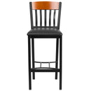 Eclipse Series Vertical Back Black Metal and Cherry Wood Restaurant Barstool with Black Vinyl Seat