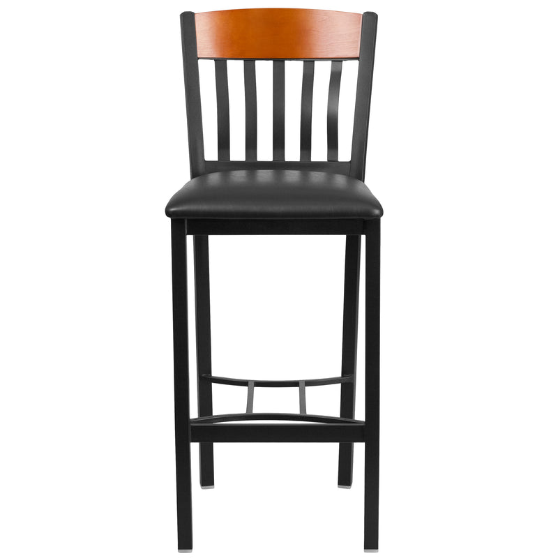 Eclipse Series Vertical Back Black Metal and Cherry Wood Restaurant Barstool with Black Vinyl Seat