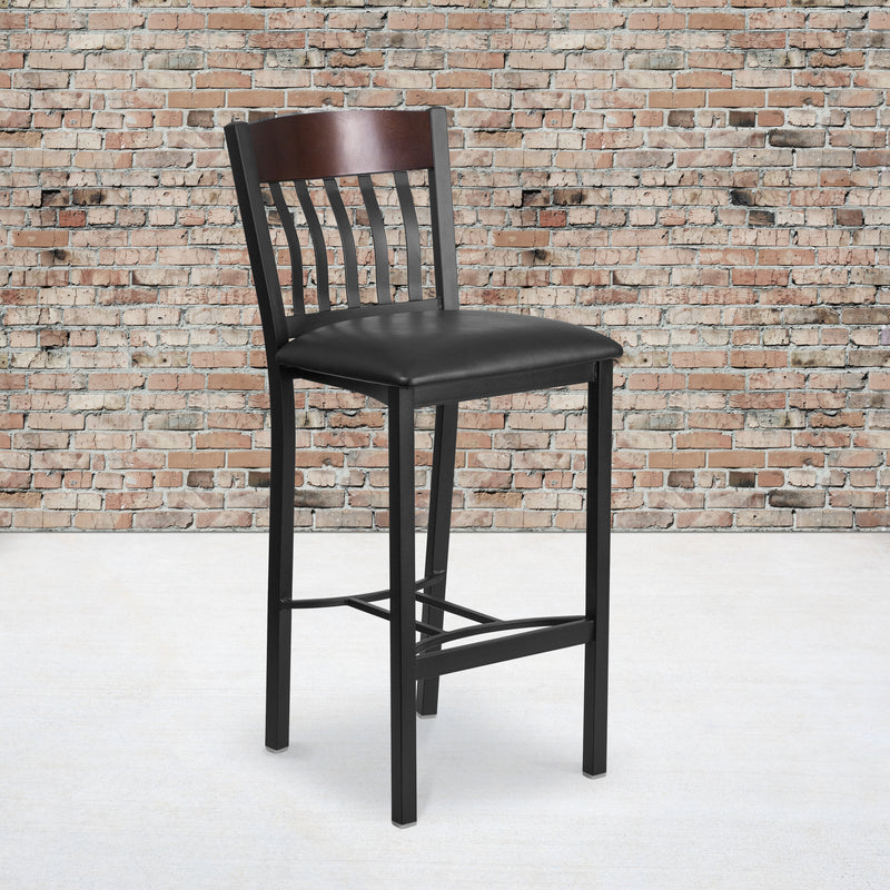 Eclipse Series Vertical Back Black Metal and Walnut Wood Restaurant Barstool with Black Vinyl Seat