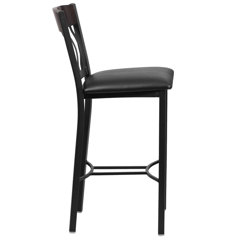 Eclipse Series Vertical Back Black Metal and Walnut Wood Restaurant Barstool with Black Vinyl Seat