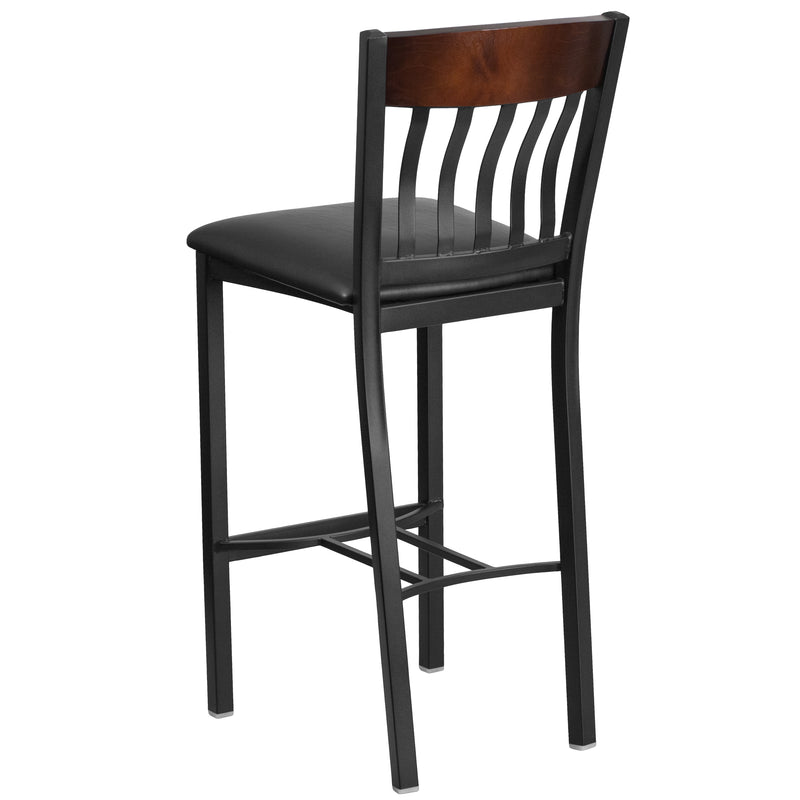 Eclipse Series Vertical Back Black Metal and Walnut Wood Restaurant Barstool with Black Vinyl Seat