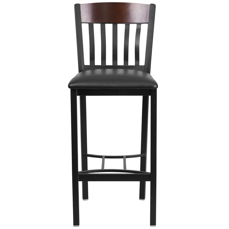 Eclipse Series Vertical Back Black Metal and Walnut Wood Restaurant Barstool with Black Vinyl Seat