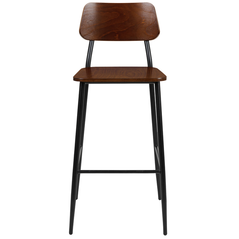 Industrial Barstool with Gunmetal Steel Frame and Rustic Wood Seat