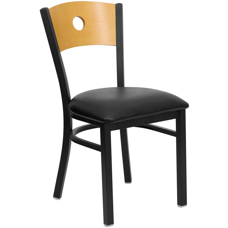 SINGLEWAVE Series Black Circle Back Metal Restaurant Chair - Natural Wood Back, Black Vinyl Seat