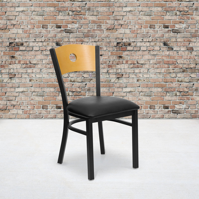 SINGLEWAVE Series Black Circle Back Metal Restaurant Chair - Natural Wood Back, Black Vinyl Seat