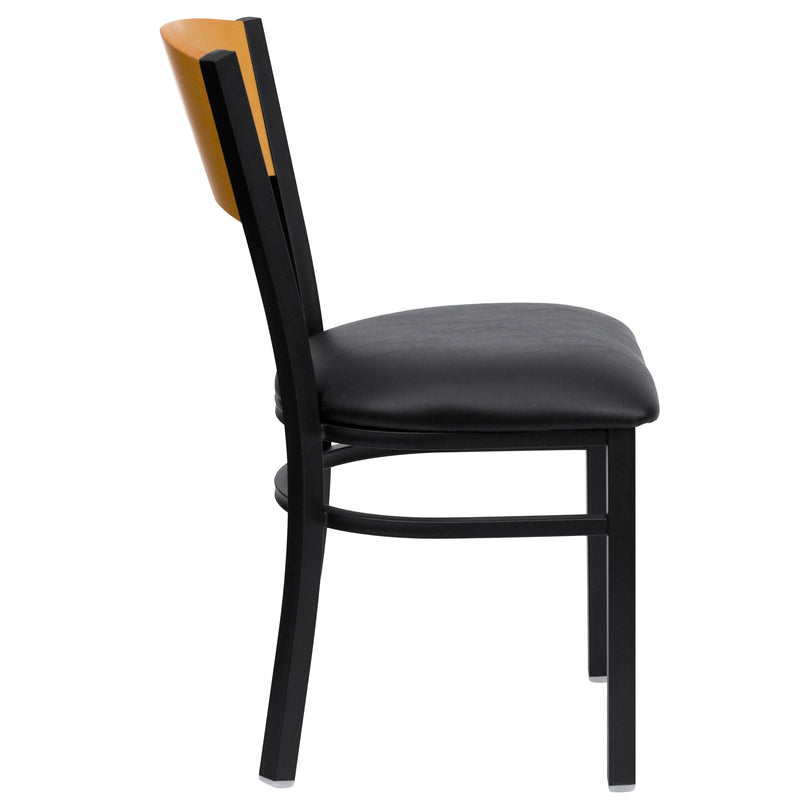 SINGLEWAVE Series Black Circle Back Metal Restaurant Chair - Natural Wood Back, Black Vinyl Seat