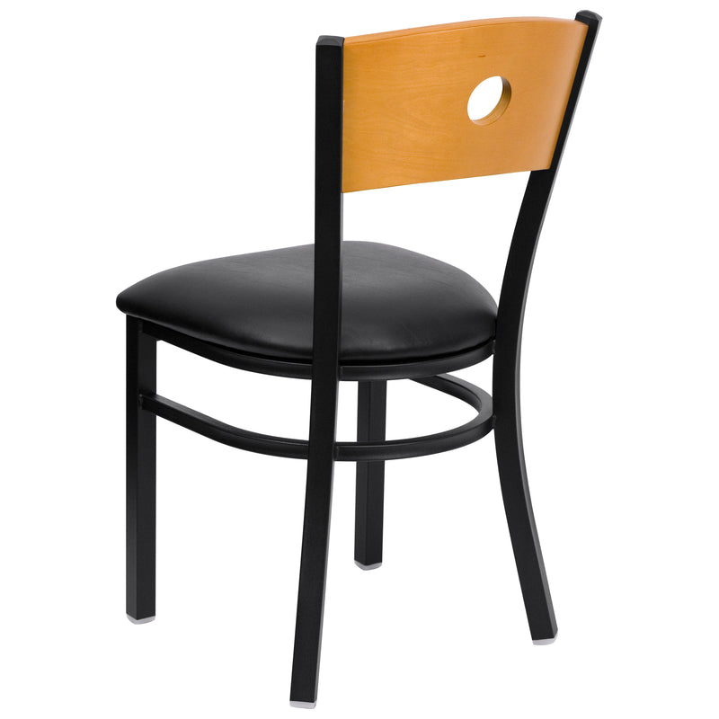 SINGLEWAVE Series Black Circle Back Metal Restaurant Chair - Natural Wood Back, Black Vinyl Seat