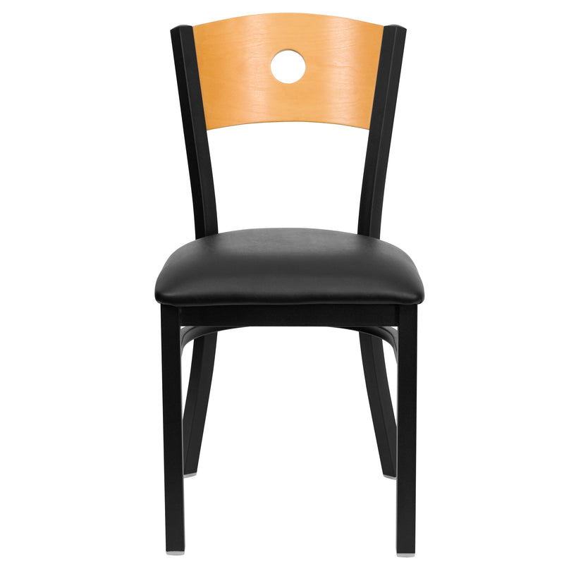 SINGLEWAVE Series Black Circle Back Metal Restaurant Chair - Natural Wood Back, Black Vinyl Seat