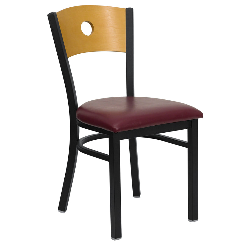 SINGLEWAVE Series Black Circle Back Metal Restaurant Chair - Natural Wood Back, Burgundy Vinyl Seat