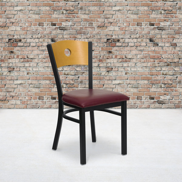 SINGLEWAVE Series Black Circle Back Metal Restaurant Chair - Natural Wood Back, Burgundy Vinyl Seat