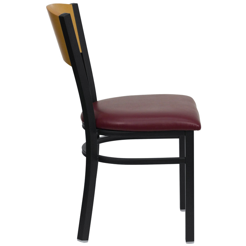 SINGLEWAVE Series Black Circle Back Metal Restaurant Chair - Natural Wood Back, Burgundy Vinyl Seat