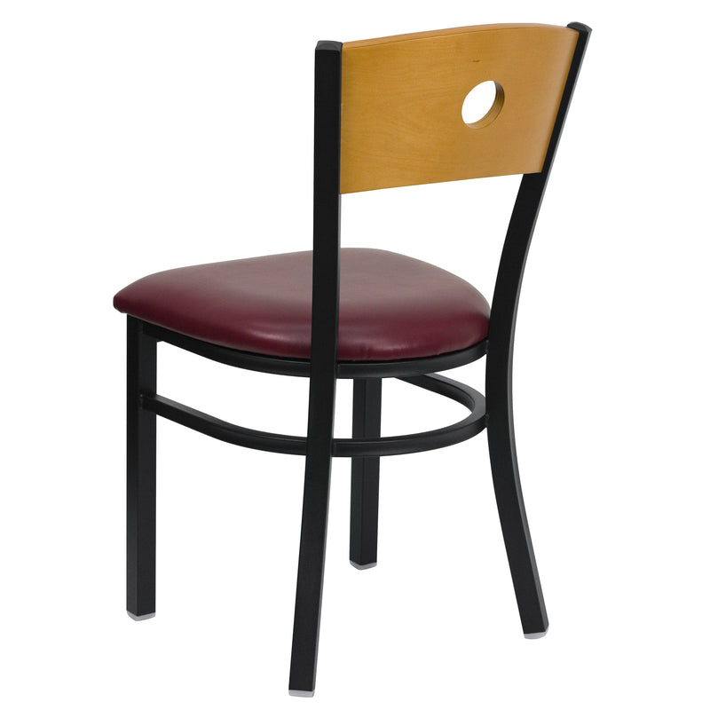 SINGLEWAVE Series Black Circle Back Metal Restaurant Chair - Natural Wood Back, Burgundy Vinyl Seat