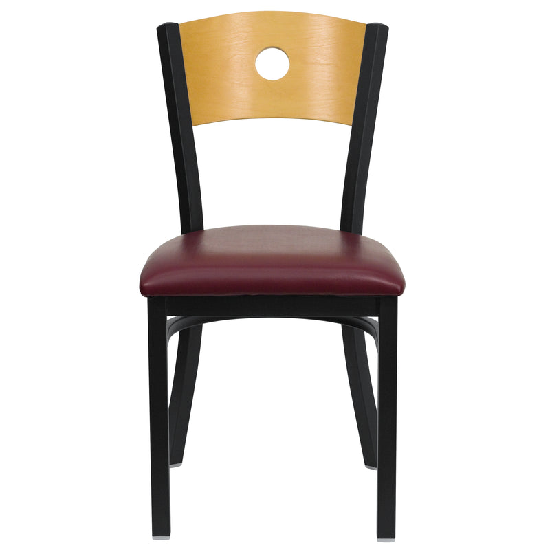 SINGLEWAVE Series Black Circle Back Metal Restaurant Chair - Natural Wood Back, Burgundy Vinyl Seat