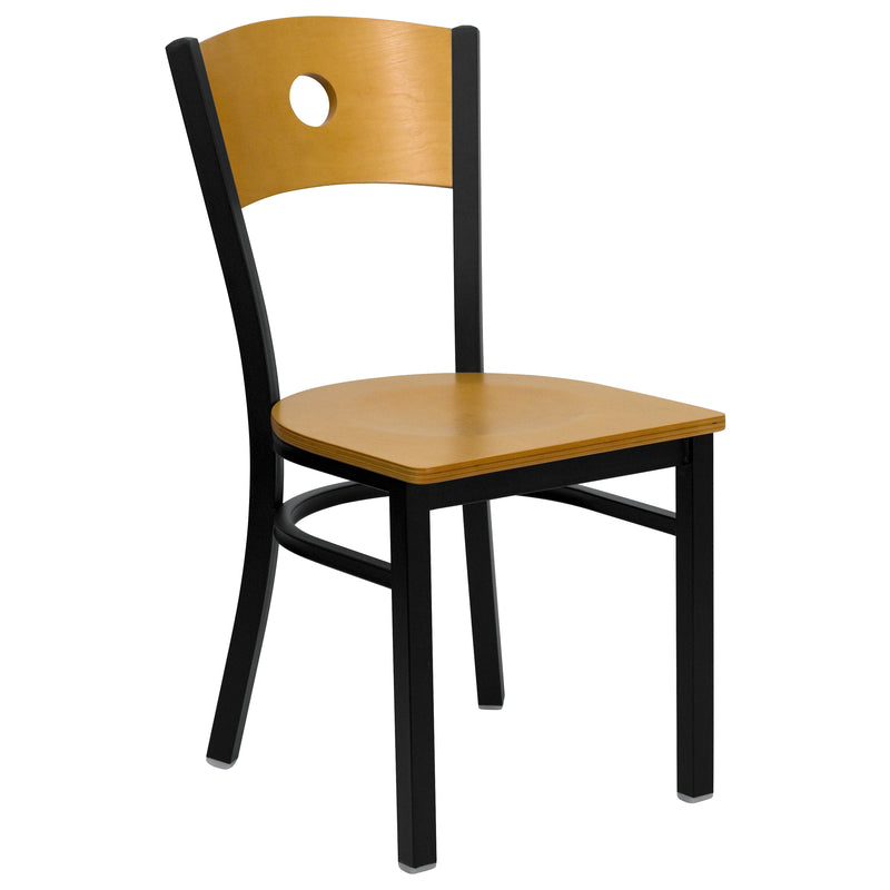 SINGLEWAVE Series Black Circle Back Metal Restaurant Chair - Natural Wood Back & Seat