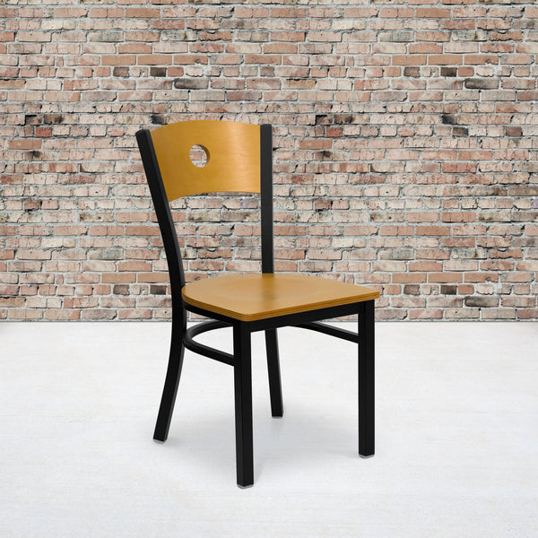 SINGLEWAVE Series Black Circle Back Metal Restaurant Chair - Natural Wood Back & Seat