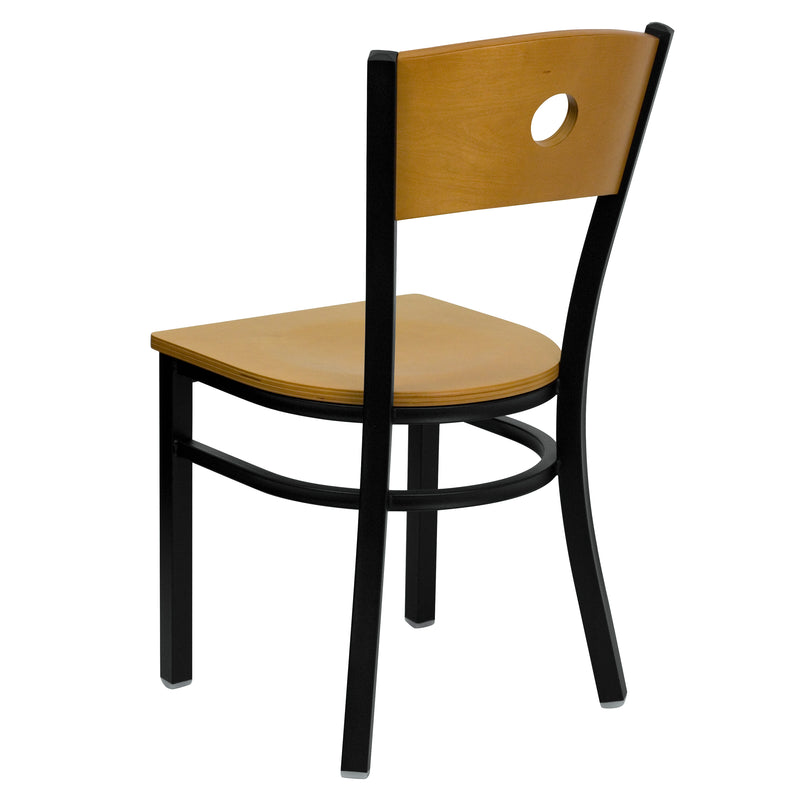 SINGLEWAVE Series Black Circle Back Metal Restaurant Chair - Natural Wood Back & Seat