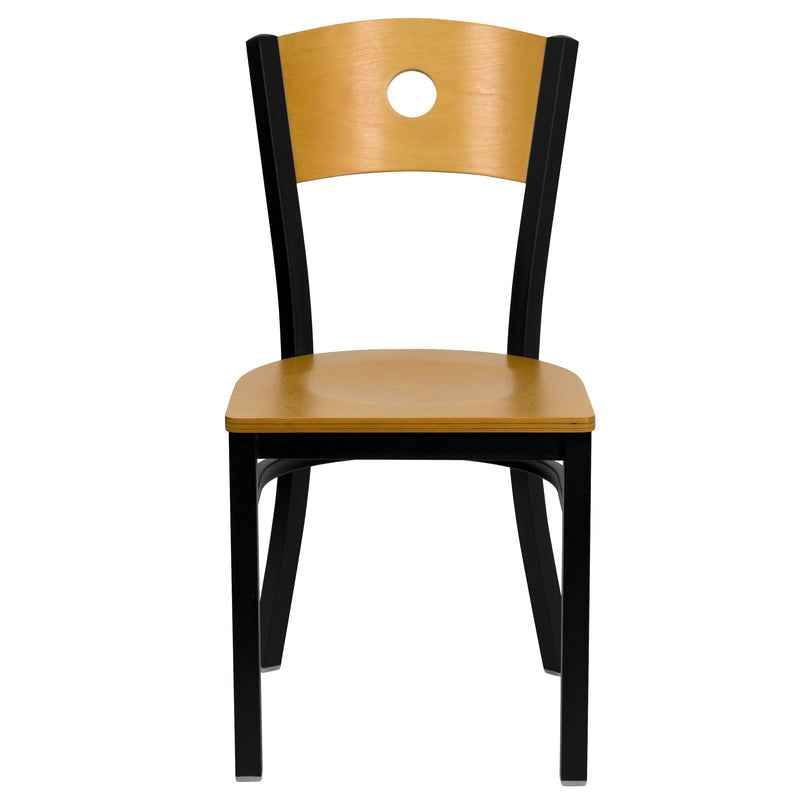 SINGLEWAVE Series Black Circle Back Metal Restaurant Chair - Natural Wood Back & Seat