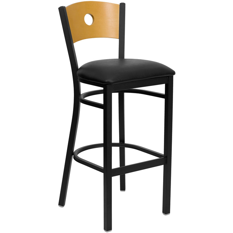 SINGLEWAVE Series Black Circle Back Metal Restaurant Barstool - Natural Wood Back, Black Vinyl Seat