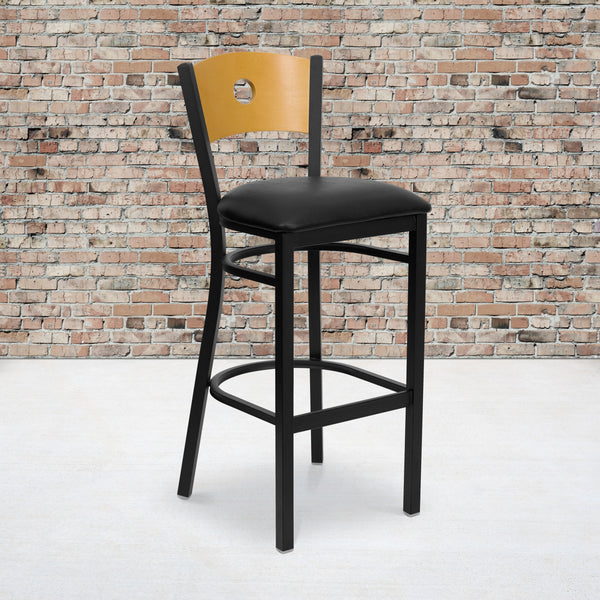 SINGLEWAVE Series Black Circle Back Metal Restaurant Barstool - Natural Wood Back, Black Vinyl Seat