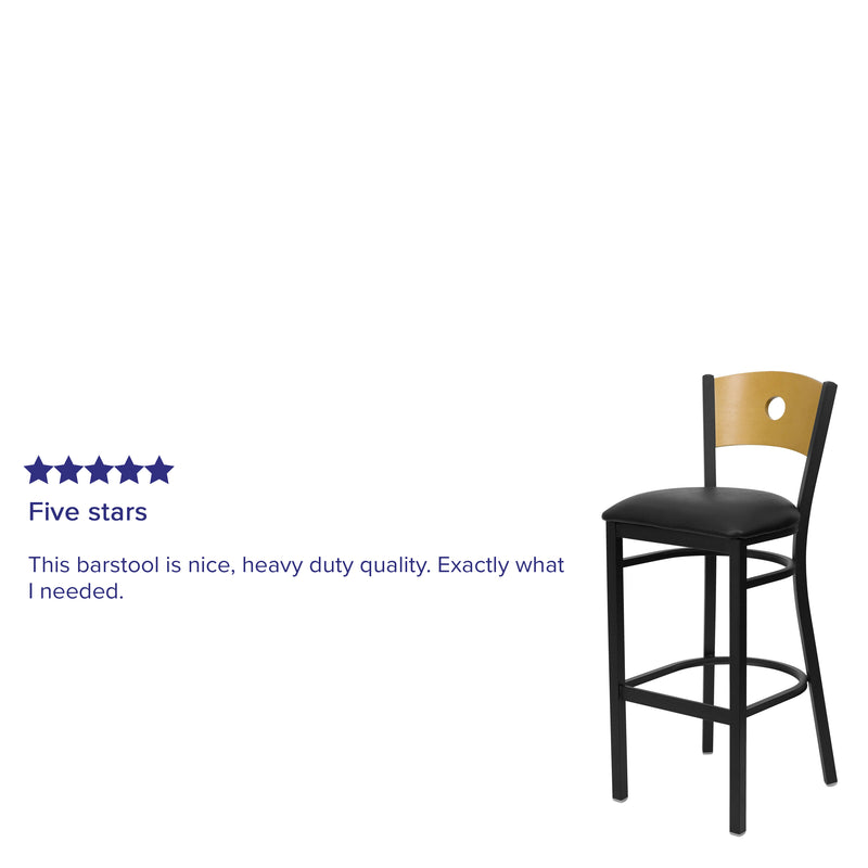 SINGLEWAVE Series Black Circle Back Metal Restaurant Barstool - Natural Wood Back, Black Vinyl Seat