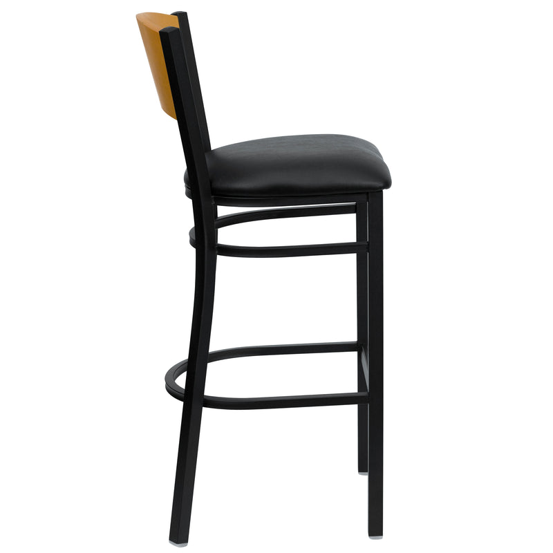 SINGLEWAVE Series Black Circle Back Metal Restaurant Barstool - Natural Wood Back, Black Vinyl Seat