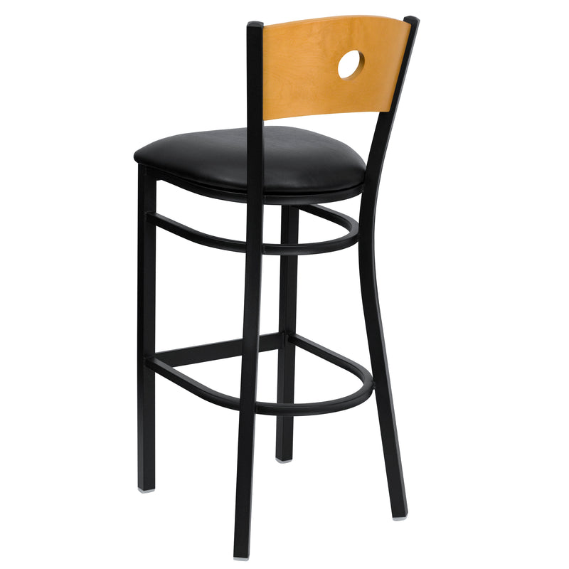 SINGLEWAVE Series Black Circle Back Metal Restaurant Barstool - Natural Wood Back, Black Vinyl Seat