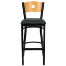 SINGLEWAVE Series Black Circle Back Metal Restaurant Barstool - Natural Wood Back, Black Vinyl Seat