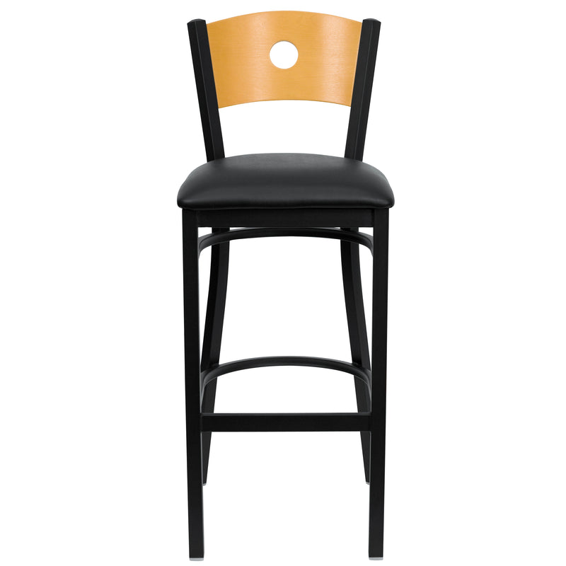 SINGLEWAVE Series Black Circle Back Metal Restaurant Barstool - Natural Wood Back, Black Vinyl Seat