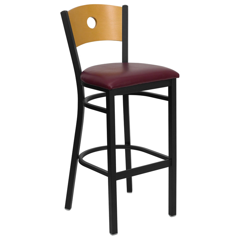 SINGLEWAVE Series Black Circle Back Metal Restaurant Barstool - Natural Wood Back, Burgundy Vinyl Seat