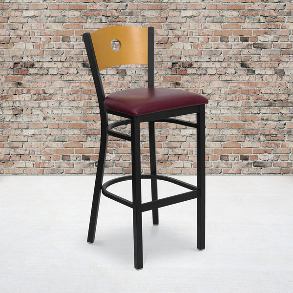 SINGLEWAVE Series Black Circle Back Metal Restaurant Barstool - Natural Wood Back, Burgundy Vinyl Seat