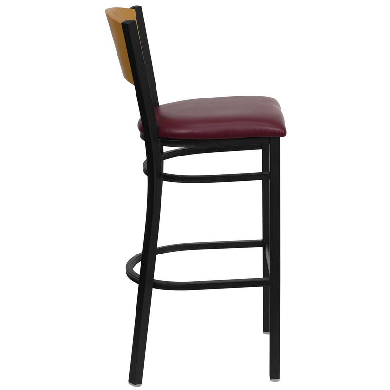 SINGLEWAVE Series Black Circle Back Metal Restaurant Barstool - Natural Wood Back, Burgundy Vinyl Seat