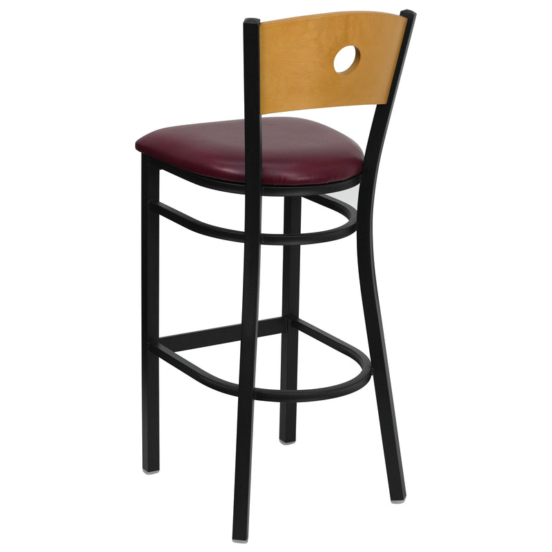 SINGLEWAVE Series Black Circle Back Metal Restaurant Barstool - Natural Wood Back, Burgundy Vinyl Seat