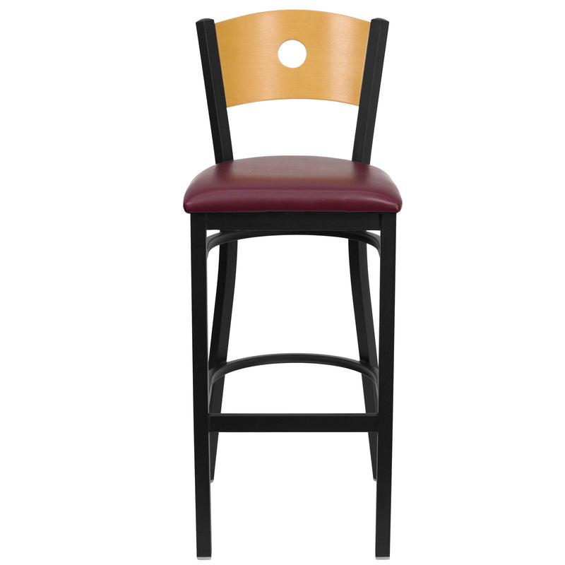 SINGLEWAVE Series Black Circle Back Metal Restaurant Barstool - Natural Wood Back, Burgundy Vinyl Seat