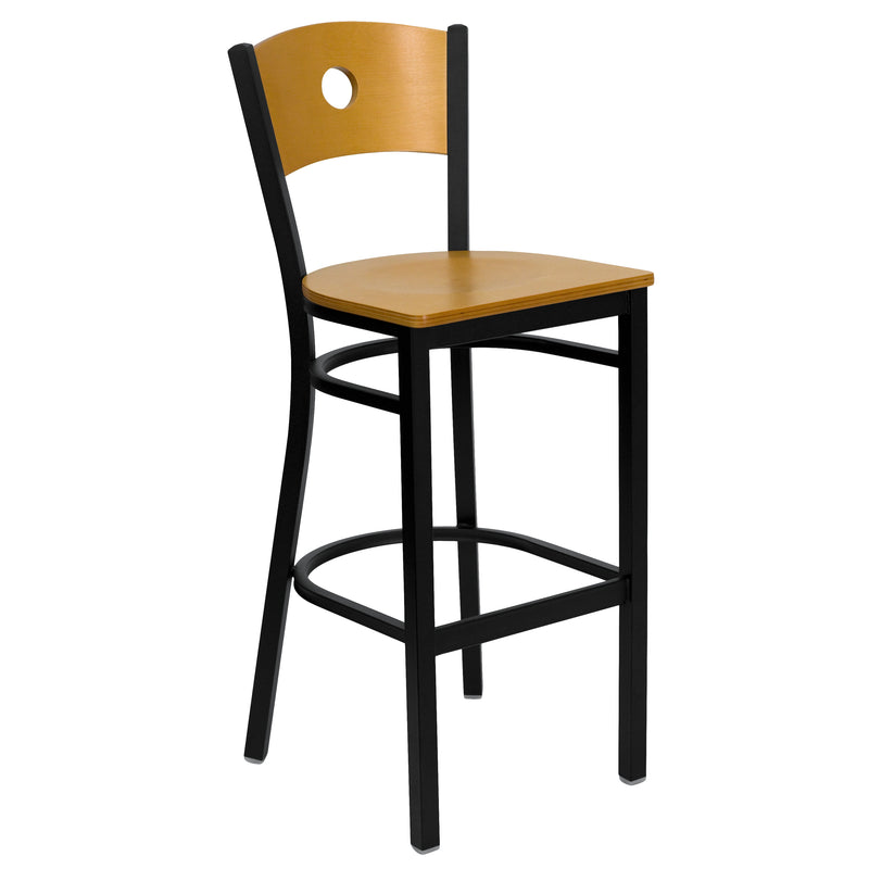 SINGLEWAVE Series Black Circle Back Metal Restaurant Barstool - Natural Wood Back & Seat