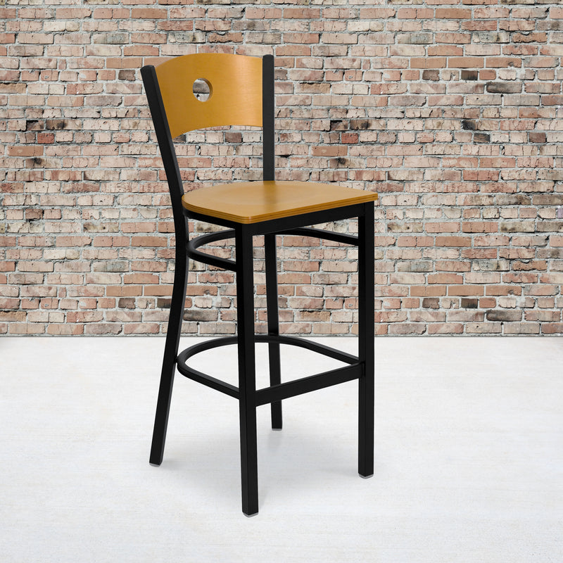 SINGLEWAVE Series Black Circle Back Metal Restaurant Barstool - Natural Wood Back & Seat