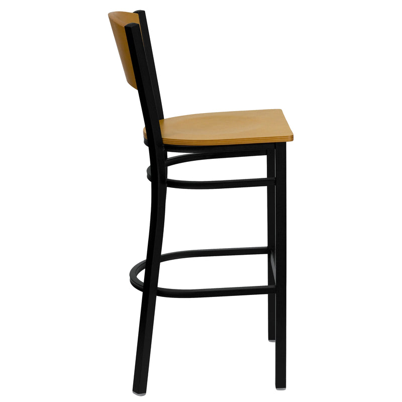 SINGLEWAVE Series Black Circle Back Metal Restaurant Barstool - Natural Wood Back & Seat