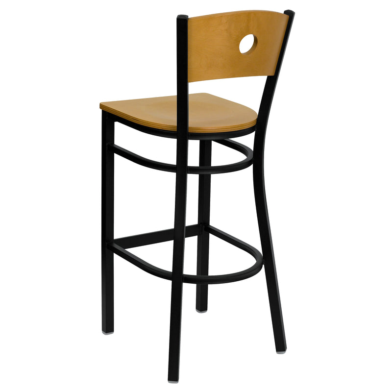 SINGLEWAVE Series Black Circle Back Metal Restaurant Barstool - Natural Wood Back & Seat