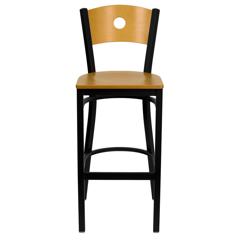 SINGLEWAVE Series Black Circle Back Metal Restaurant Barstool - Natural Wood Back & Seat