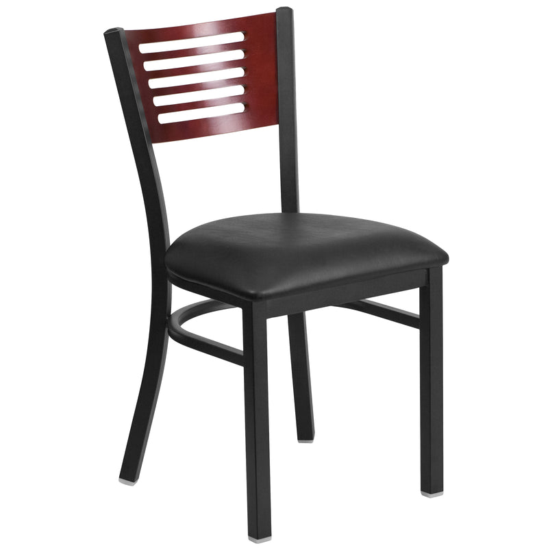 SINGLEWAVE Series Black Slat Back Metal Restaurant Chair - Mahogany Wood Back, Black Vinyl Seat