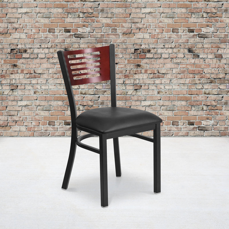 SINGLEWAVE Series Black Slat Back Metal Restaurant Chair - Mahogany Wood Back, Black Vinyl Seat