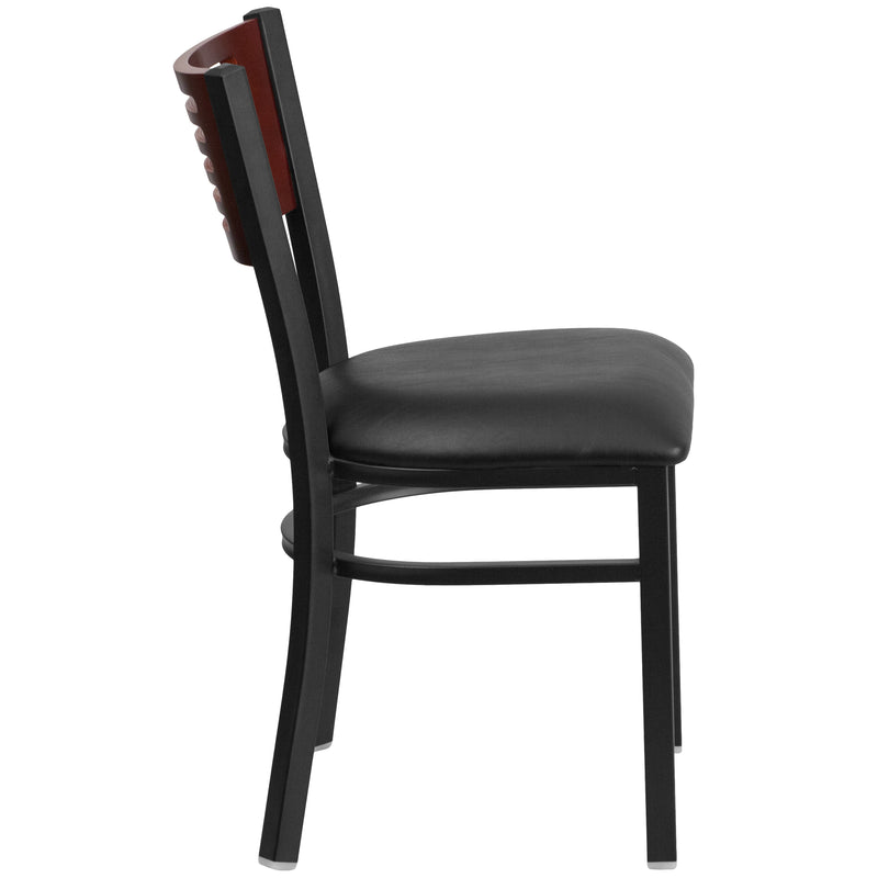 SINGLEWAVE Series Black Slat Back Metal Restaurant Chair - Mahogany Wood Back, Black Vinyl Seat