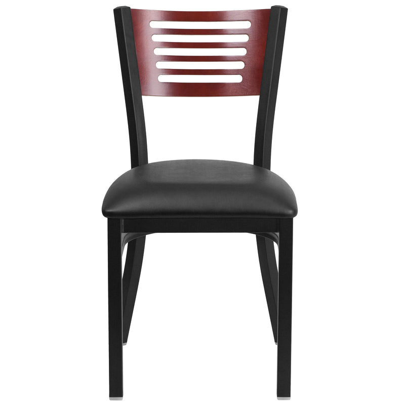 SINGLEWAVE Series Black Slat Back Metal Restaurant Chair - Mahogany Wood Back, Black Vinyl Seat