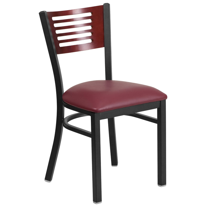 SINGLEWAVE Series Black Slat Back Metal Restaurant Chair - Mahogany Wood Back, Burgundy Vinyl Seat